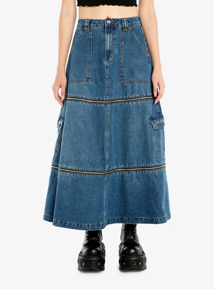 Hot Topic Social Collision Zip-Off Denim Cargo Maxi Skirt