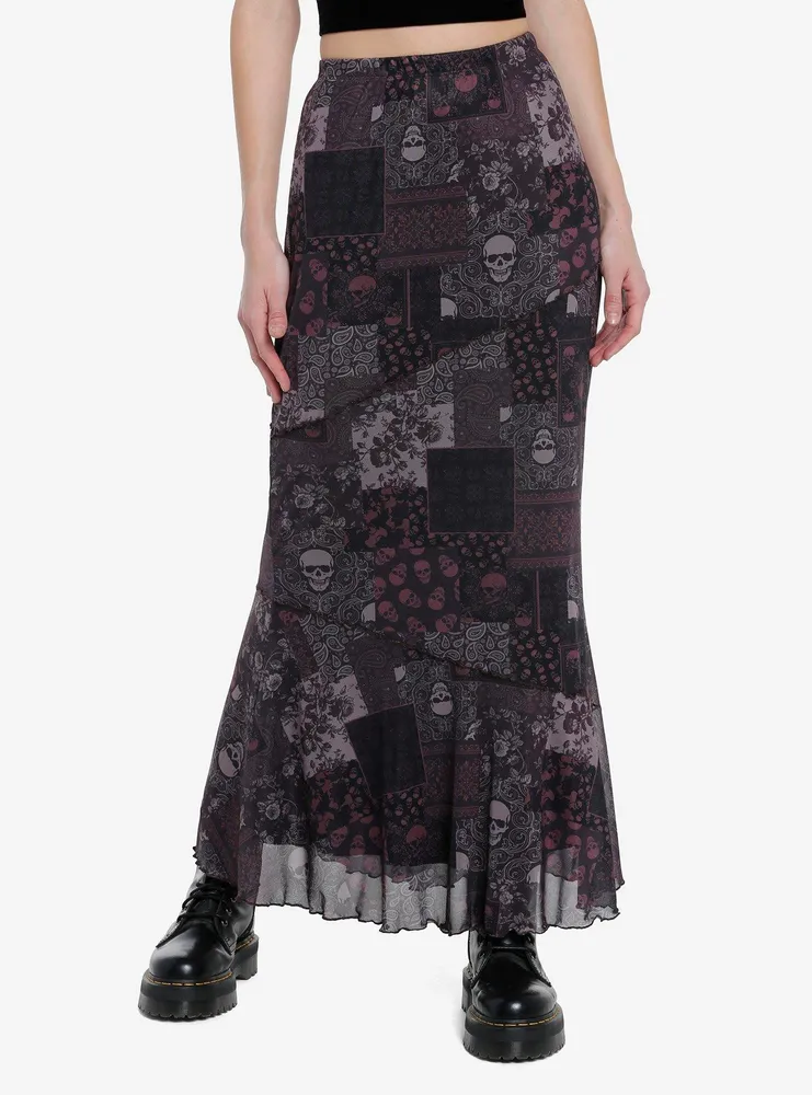 Hot Topic Social Collision Skull Paisley Patchwork Maxi Skirt