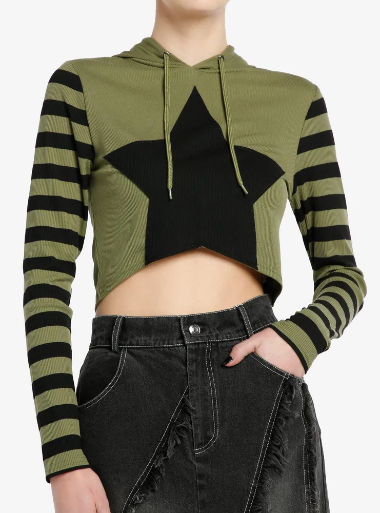 Hot Topic Social Collision Black Green Stripe Star Girls Crop