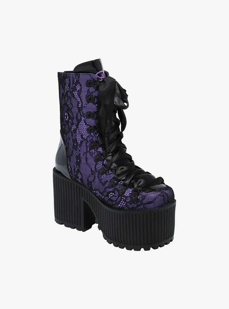 Hot Topic Strange Cvlt Black & Purple Lace Pandora Platform Boots 