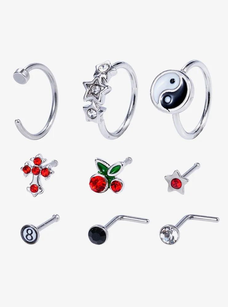 Hot Topic Steel Cherry Star Yin-Yang Nose Stud & Hoop 9 Pack