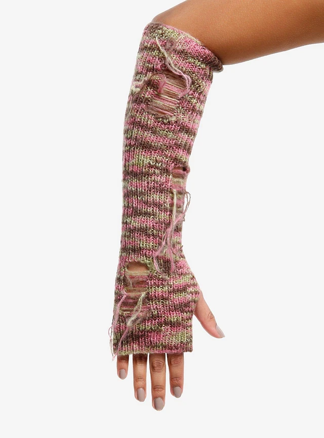 Hot Topic Pink Brown & Green Destructed Knit Arm Warmers at