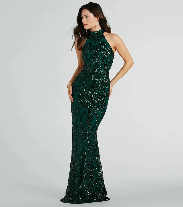 Windsor Sandra Halter Open Back Mermaid Sequin Dress | Arden