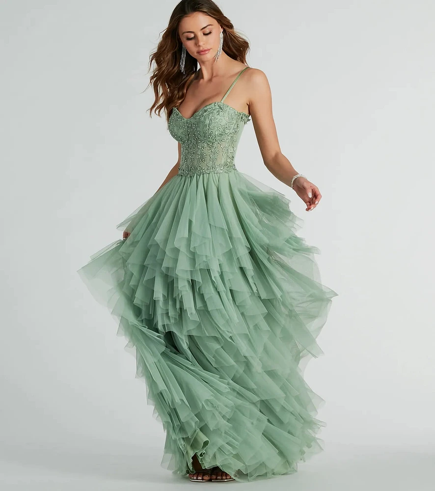 Windsor Keyla Floral Applique Tiered Ruffle Tulle Gown at