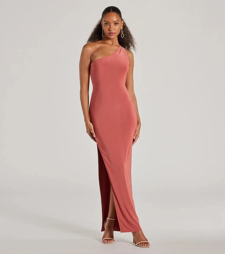 Windsor Lilianne One-Shoulder Strappy Back Slit Formal Dress at