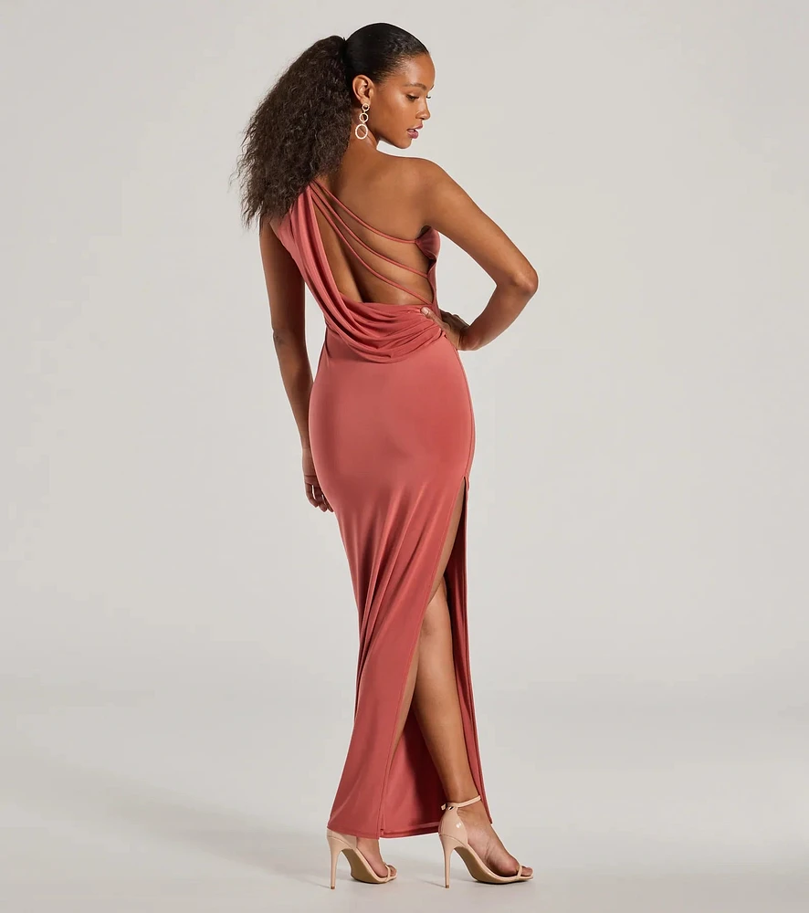 Windsor Lilianne One-Shoulder Strappy Back Slit Formal Dress at