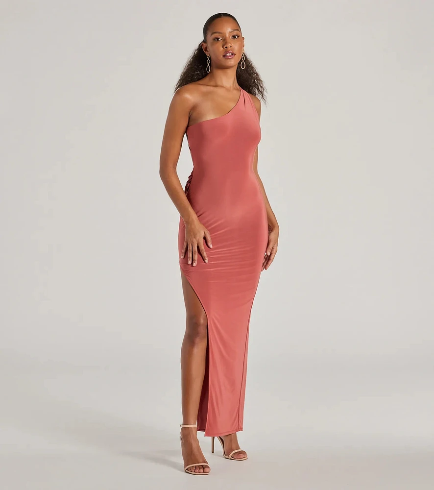 Windsor Lilianne One-Shoulder Strappy Back Slit Formal Dress at