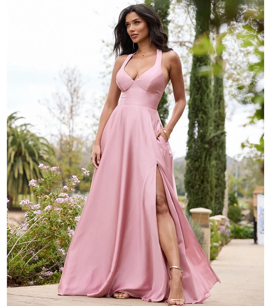 Windsor Abbey Lace-Up Slit A-Line Satin Formal Dress | Westland Mall