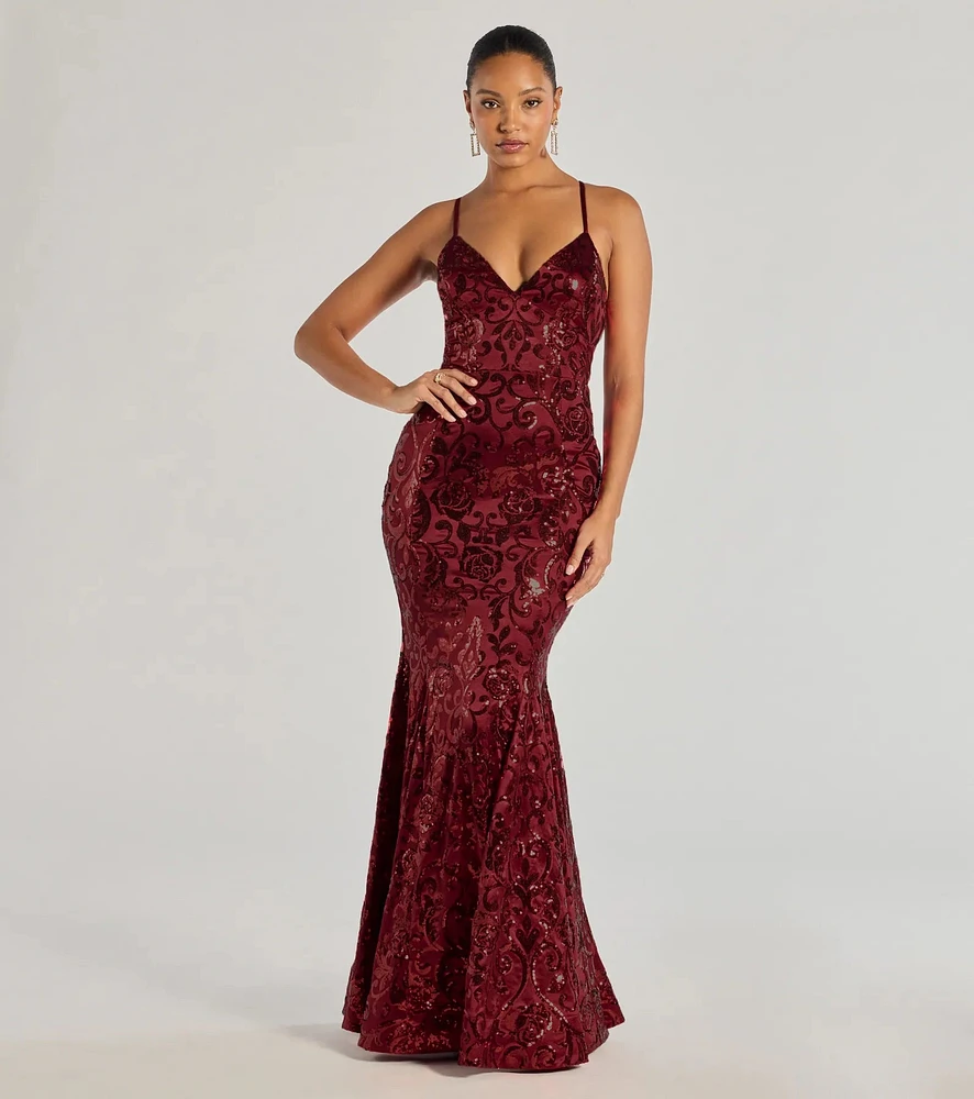 Windsor Saskia Lace-Up Mermaid Sequin Satin Formal Dress | Arden Fair