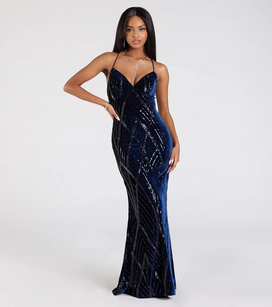 Windsor Gisele Sequin Velvet Lace-Up Mermaid Dress | Mission Valley