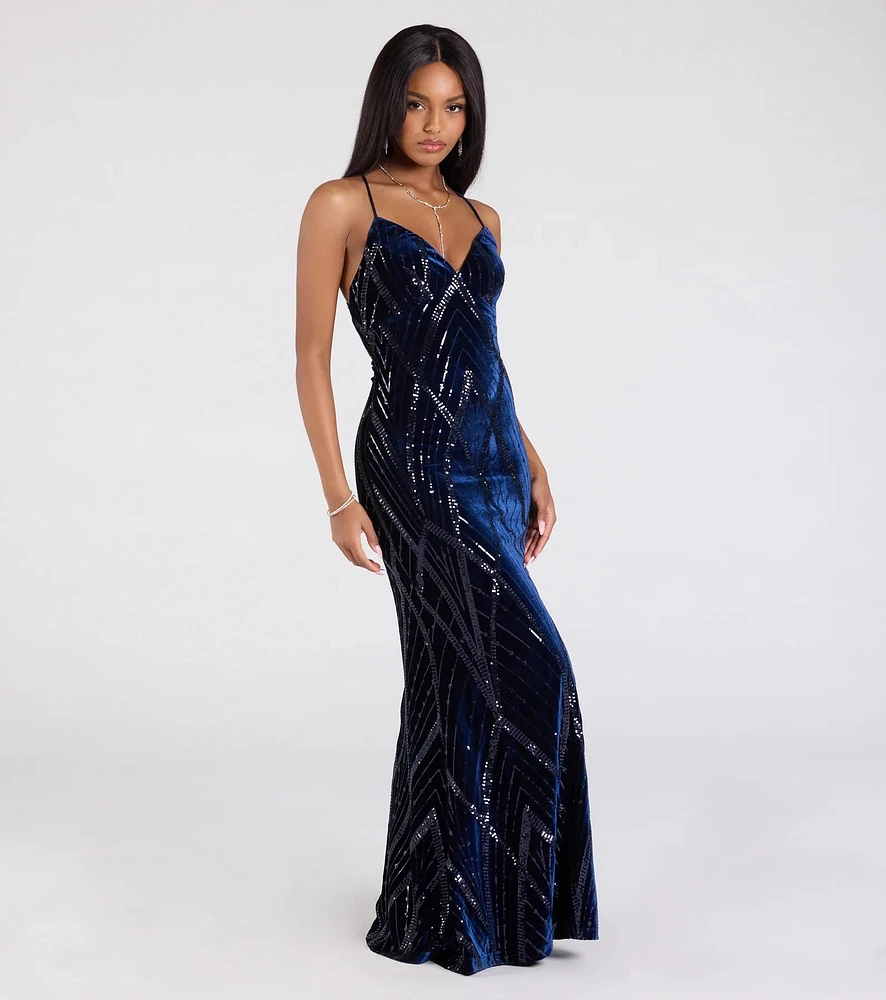 Windsor Gisele Sequin Velvet Lace-Up Mermaid Dress | Mission Valley