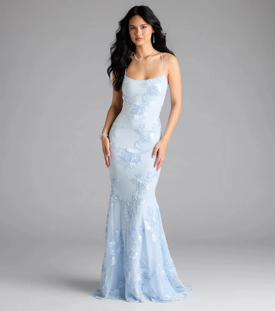 Windsor Gabi Lace-Up Floral Trim Mermaid Formal Dress