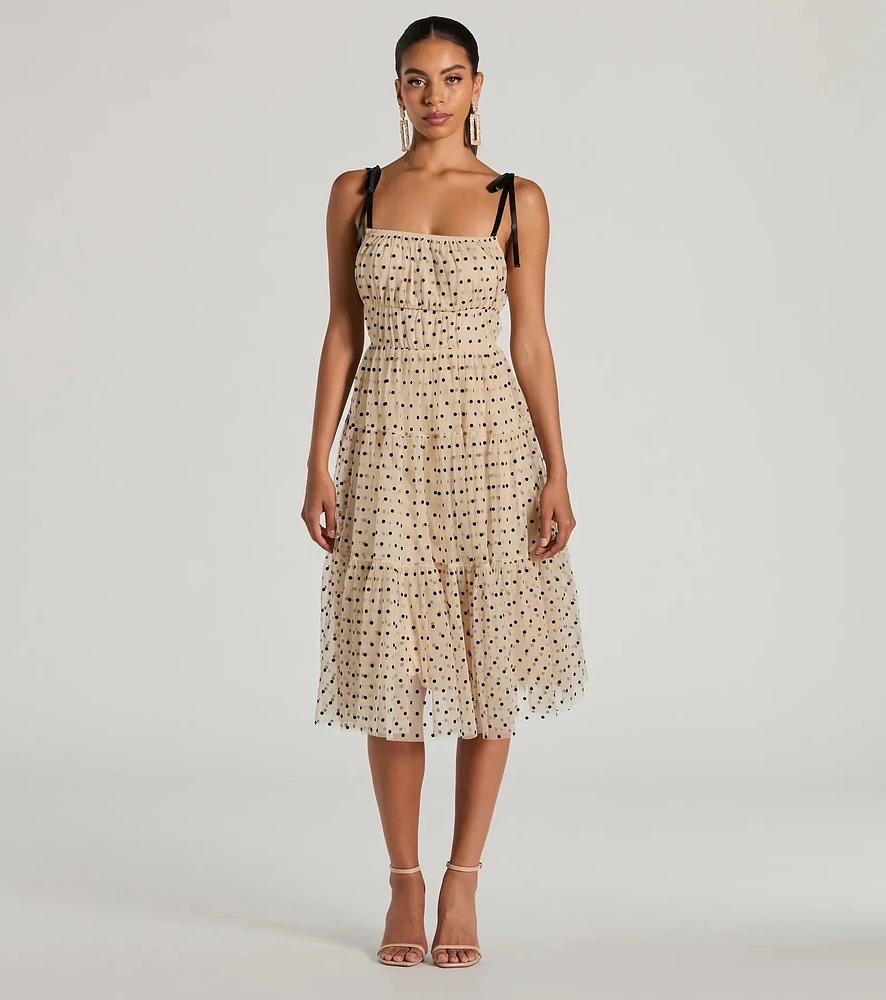 Windsor Timeless Look Bow Strap Polka Dot Tulle Midi Dress