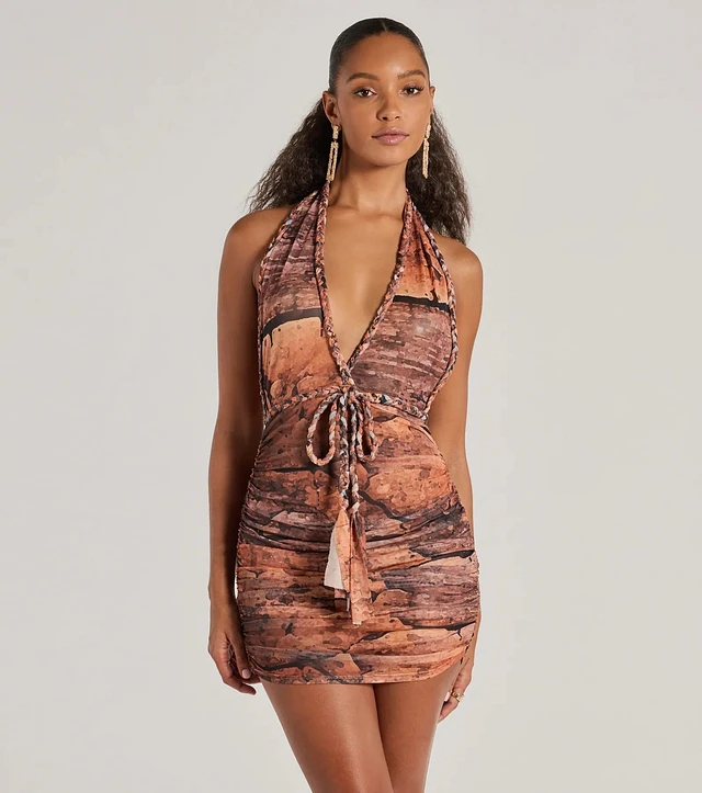 Windsor Style Muse Plunge Halter Braided Tie Mesh Mini Dress