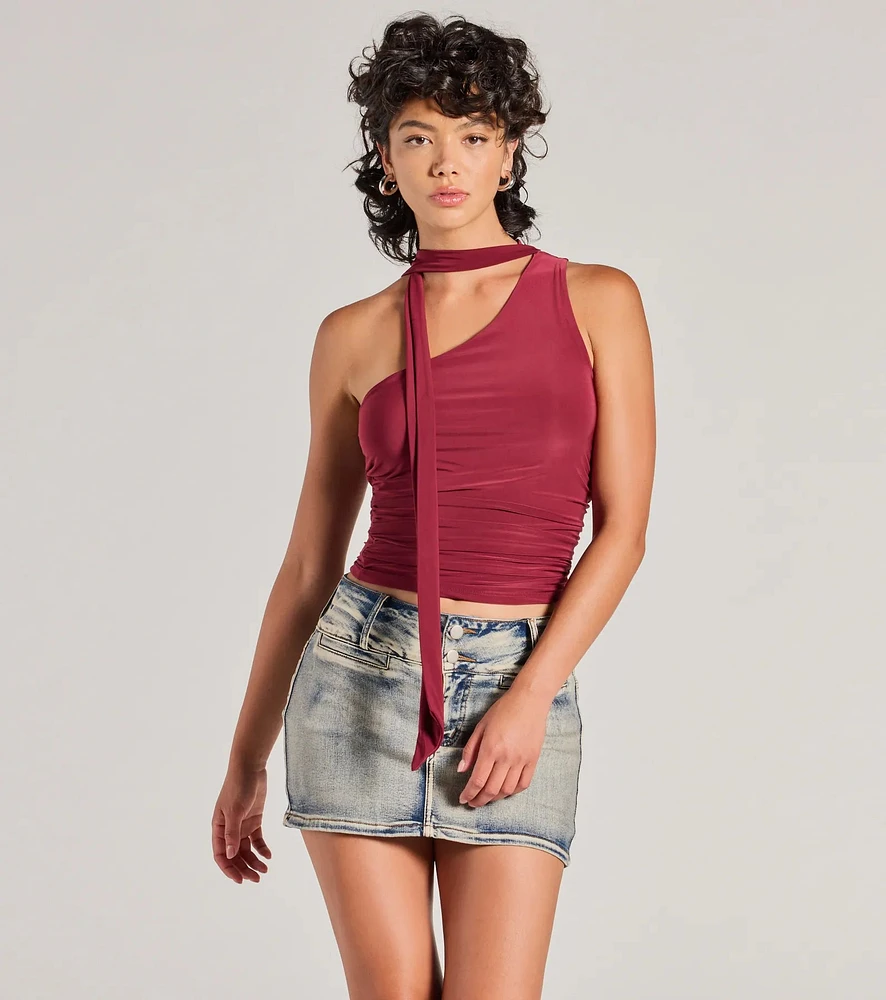Windsor It-Girl Style One-Shoulder Neck Tie Knit Top | MainPlace Mall