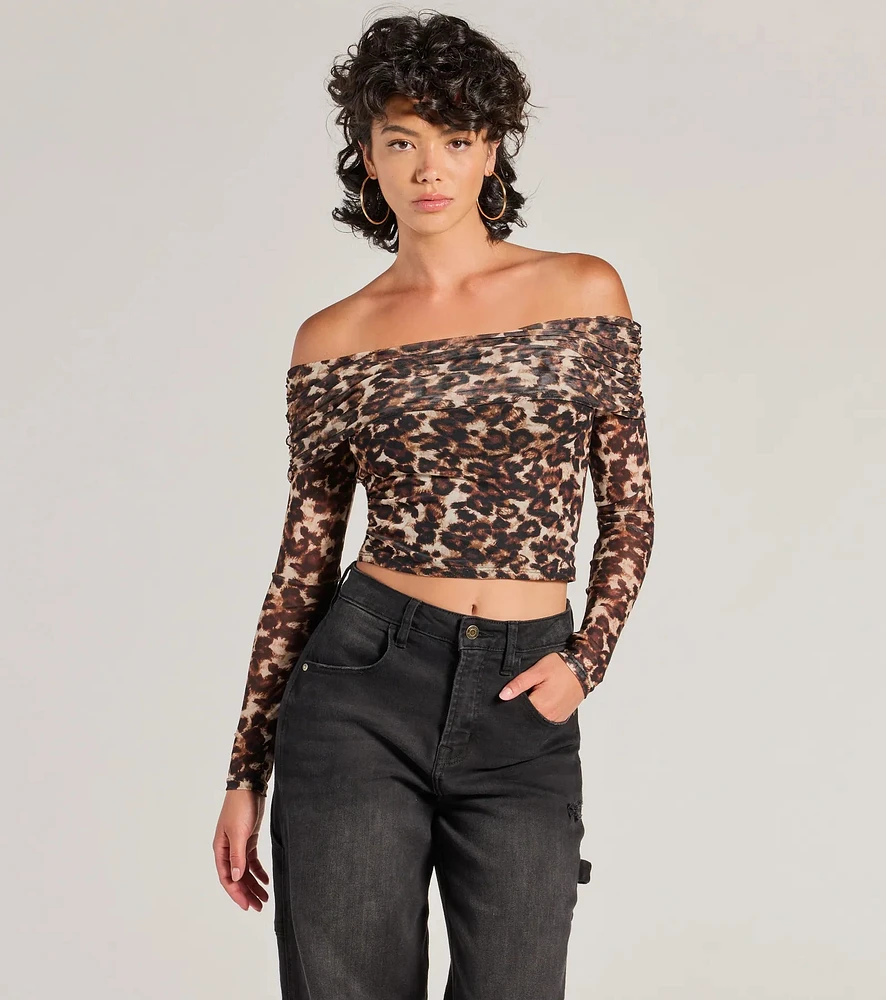 Windsor Trendy Chic Leopard Print Mesh Off-The-Shoulder Top