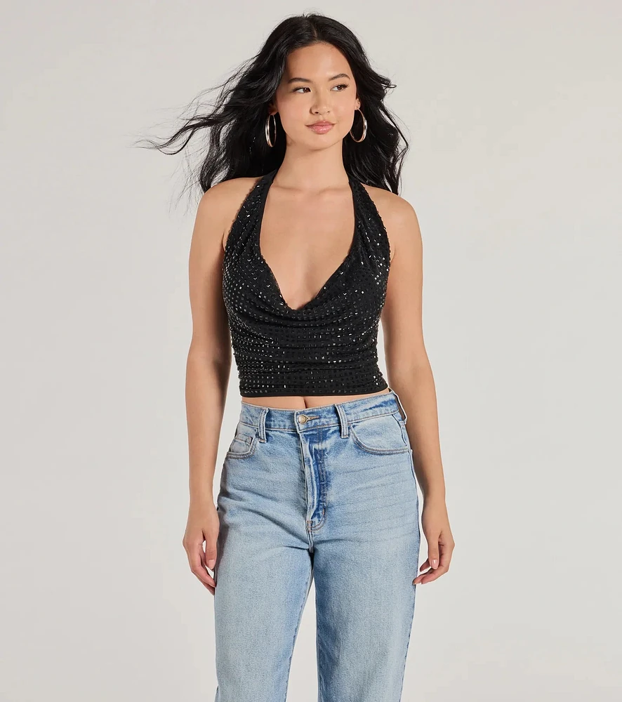 Windsor Glitzy Chic Cropped Rhinestone Halter Top | Mission Valley