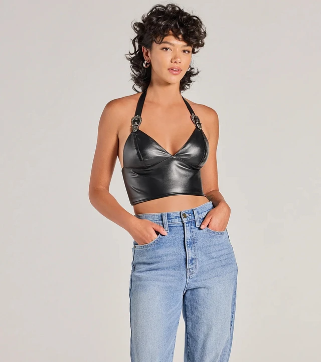 Windsor Bold Buckle Halter Strap Faux Leather Crop Top | MainPlace