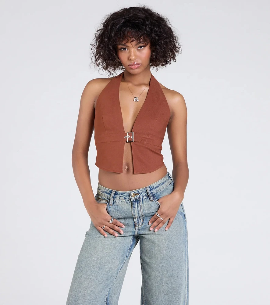 Windsor Sultry Trend Buckle Strap Halter Crop Top at Hamilton