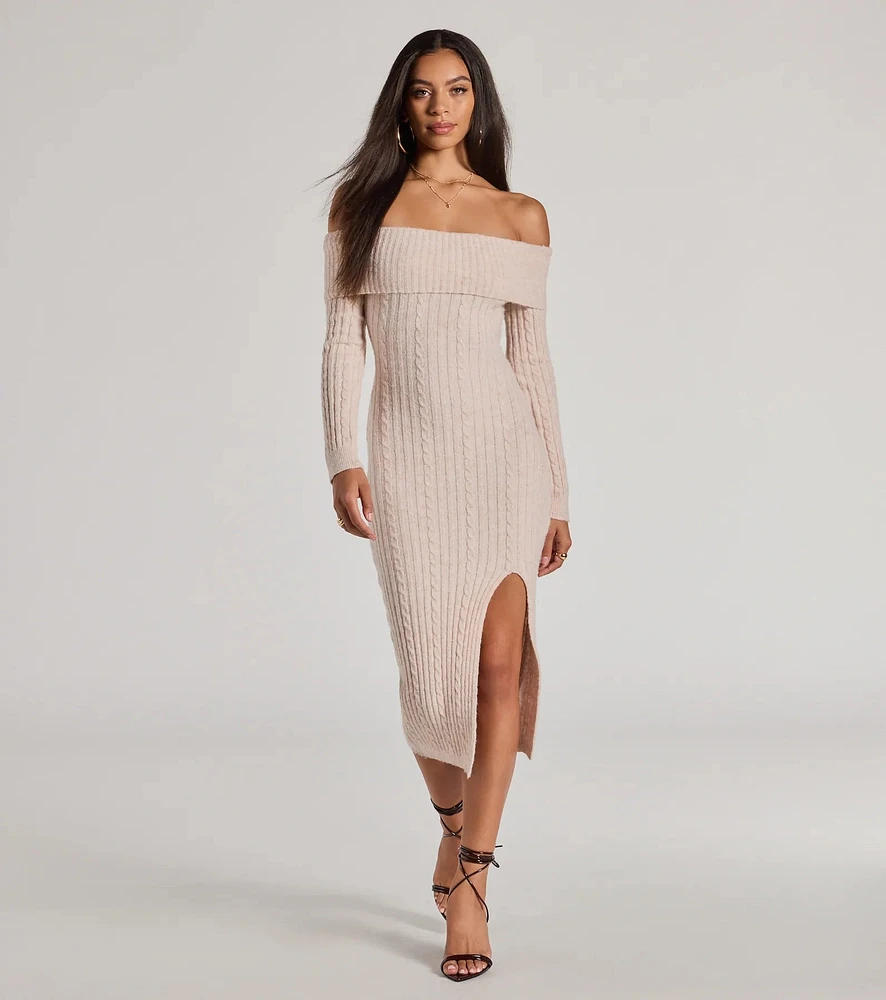Windsor Cozy Luxe Cable Knit Off-The-Shoulder Midi Dress