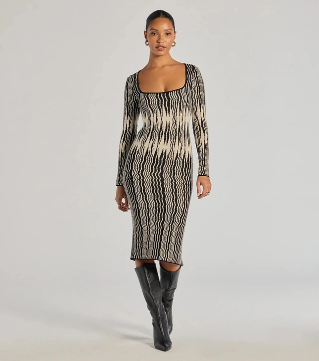 Windsor Trendy Look Abstract Striped Knit Midi Sweater Dress