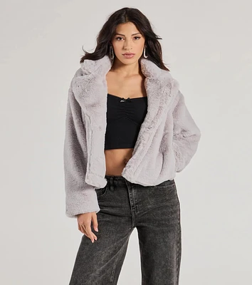 Line and Dot Liana Crewneck Long Sleeve Cropped Faux Fur Jacket at