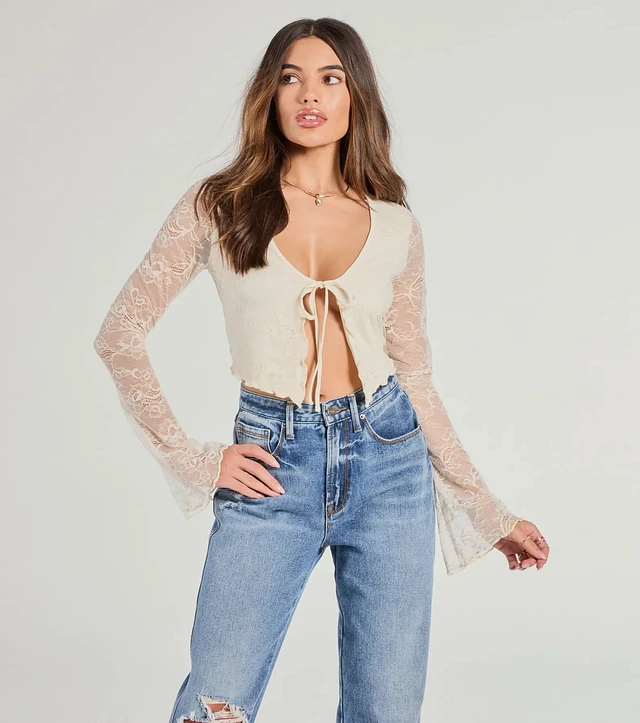 Windsor Soft And Sweet Tie-Front Split Lace Crop Top at Foxvalley