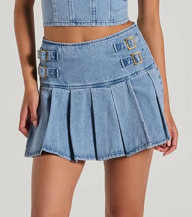 【ROMANTIC CROWN】25SS★ BUCKLE DENIM PLEATS SKIRT BUCKLE DENIM PLEATS SKIRT - ROMANTIC CROWN | 60% - Asian