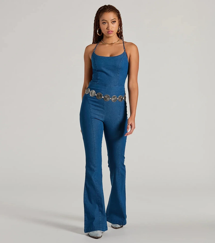 Windsor Casual And Cool Lace-Up Flare Denim Jumpsuit | Westland Mall