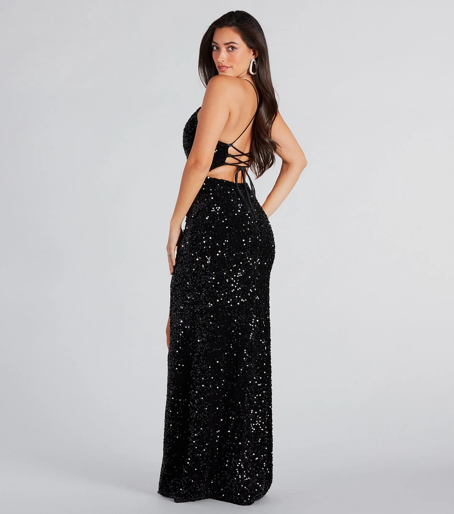 Windsor Giselle Formal Sequin Velvet Lace-Up Dress | Westland Mall