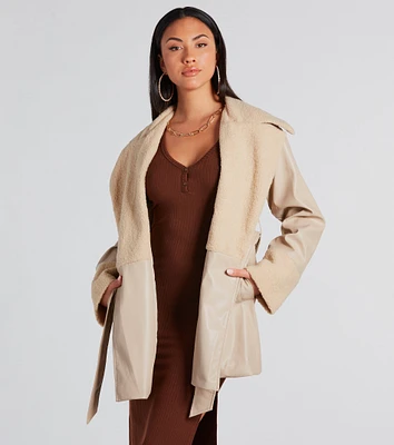 Azalea Wang Gilda Olive Faux Sherpa Collared Belted Oversize