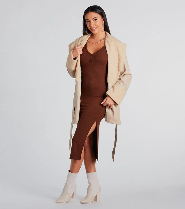 Azalea Wang Gilda Olive Faux Sherpa Collared Belted Oversize