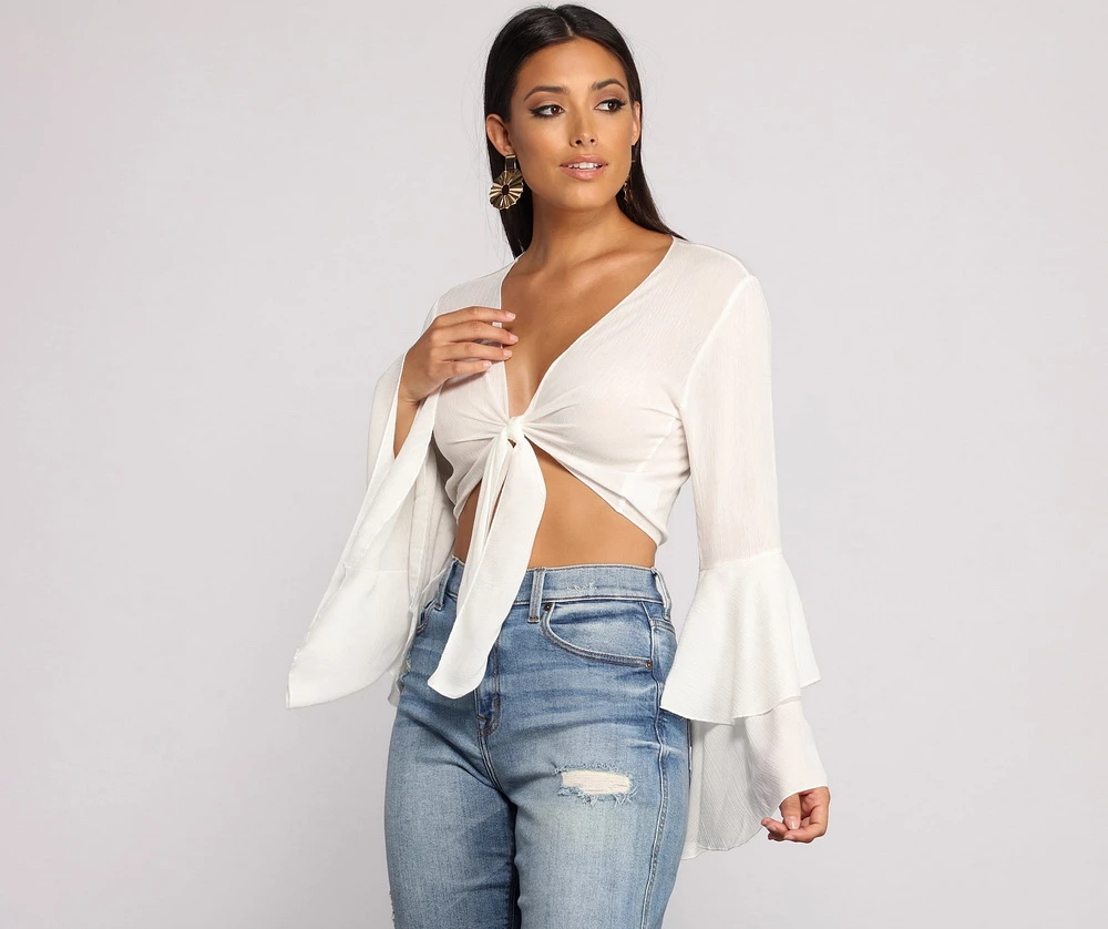 トップス Lace Ribbon Tie Trainer Bell sharme Windsor Woven Tie Front Bell Sleeve Crop Top | MainPlace Mall