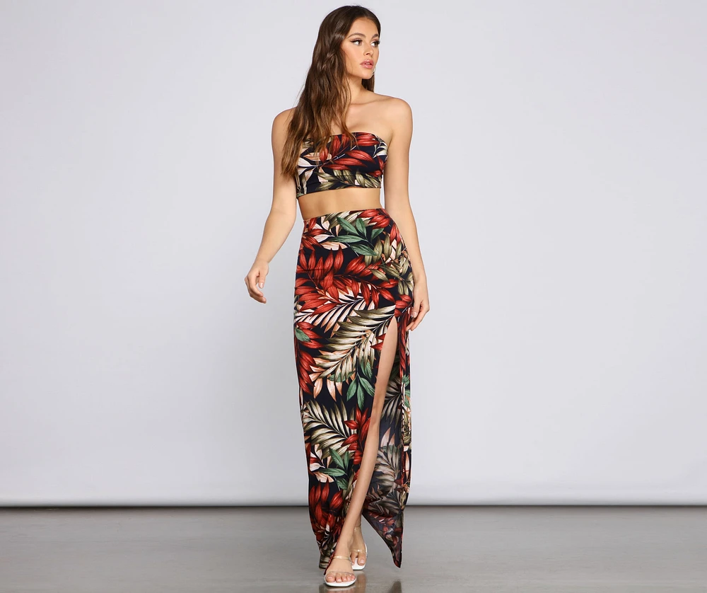 Windsor Tropical Palm Leaf High Slit Maxi Skirt | Arden Fair
