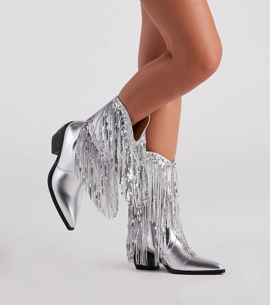 Windsor Sparkly Vibes Metallic Fringe Cowboy Boots at