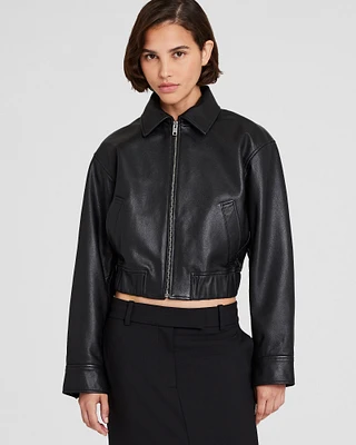 Shop Prada Leather bomber jacket with patch at Beverly Shop Prada Leather bomber jacket with patch at Beverly