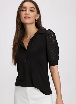 トップス Gypsohila Jacquard Puff Shoulder (Black) Puff Sleeve Popover Top - Black Solid Colors | NYDJ