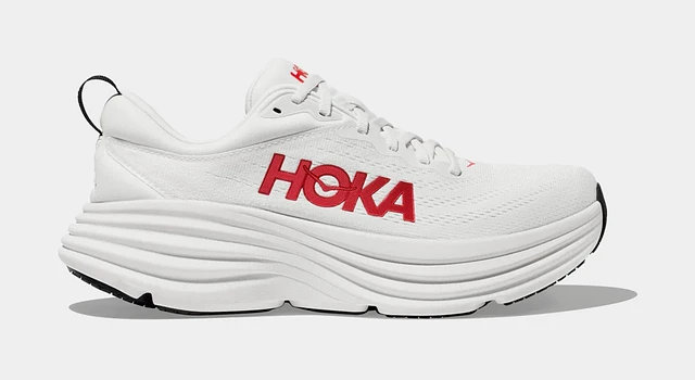 HOKA Bondi 8 Mens Running Shoes (White/Vermillion) | Arden Fair