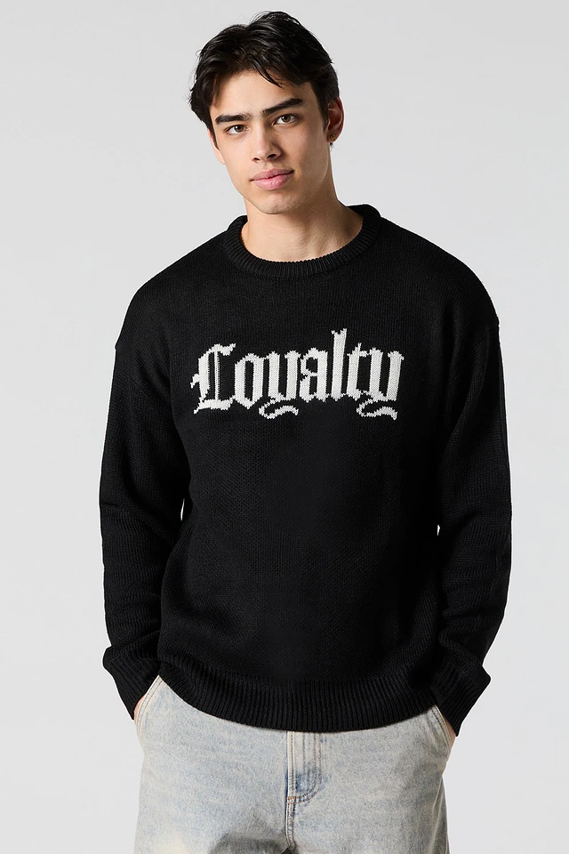 Mens Gothic Text Jacquard Knit Sweater | Prairie Mall