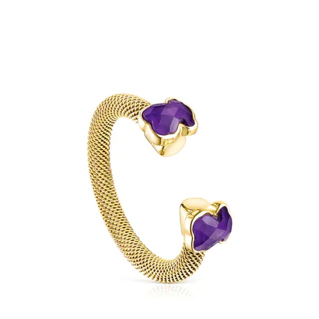 TOUS Gold colored IP Steel Mesh Color open Ring with Amethyst