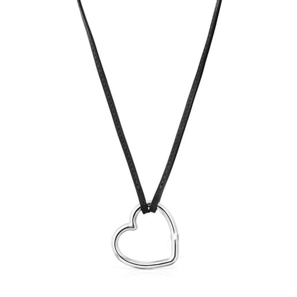 TOUS Long Hold heart Necklace in Silver and black Leather