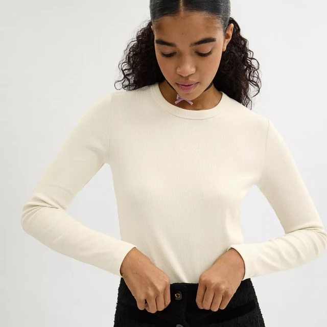 ★Coach★ Ribbed Long Sleeve Shirt with Coach CU436 WHT COACH® Ribbed Long Sleeve Shirt With Coach Embroidery