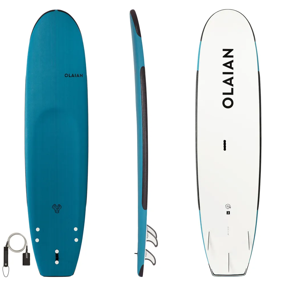 Olaian 100 foam surfboard with outlet leash and 3 fins