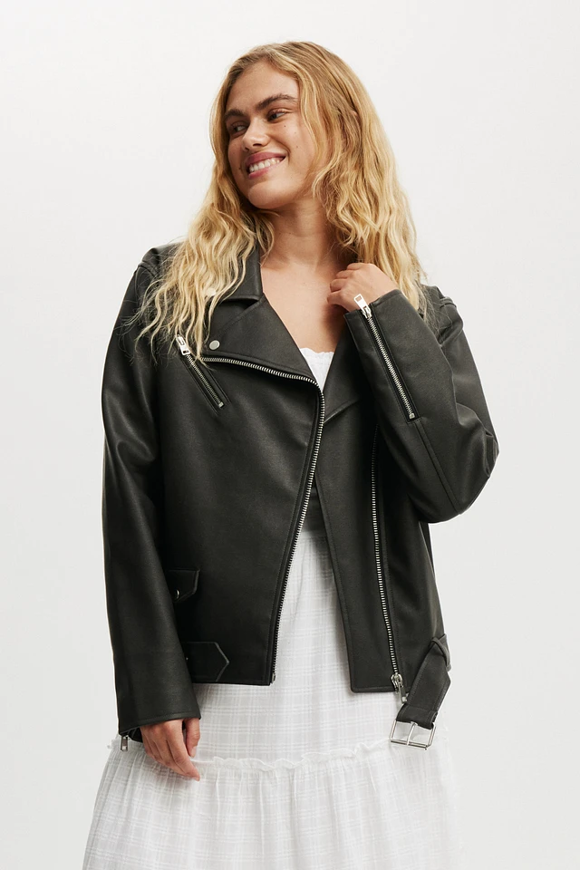 Faux Leather Women Cropped Jacket Long Sleeve Chain Coat