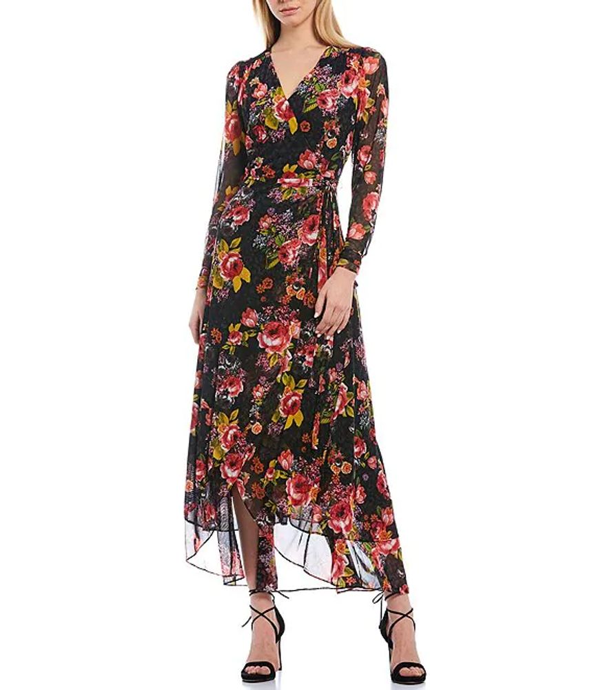 Betsey Johnson Floral Print Mesh Tulip Hem Long Sleeve Maxi Wrap