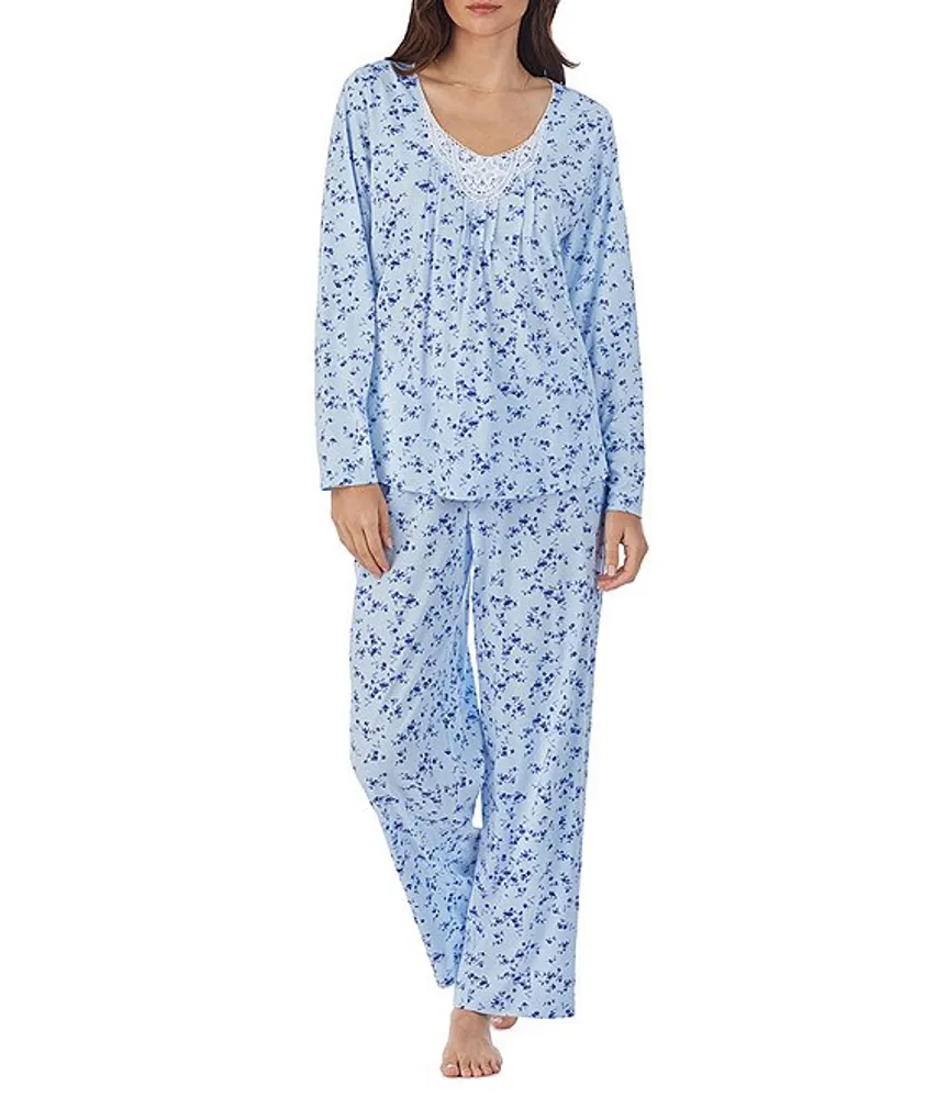 Carole Hochman Cotton Jersey Long Sleeve V Neck Long Pant Floral