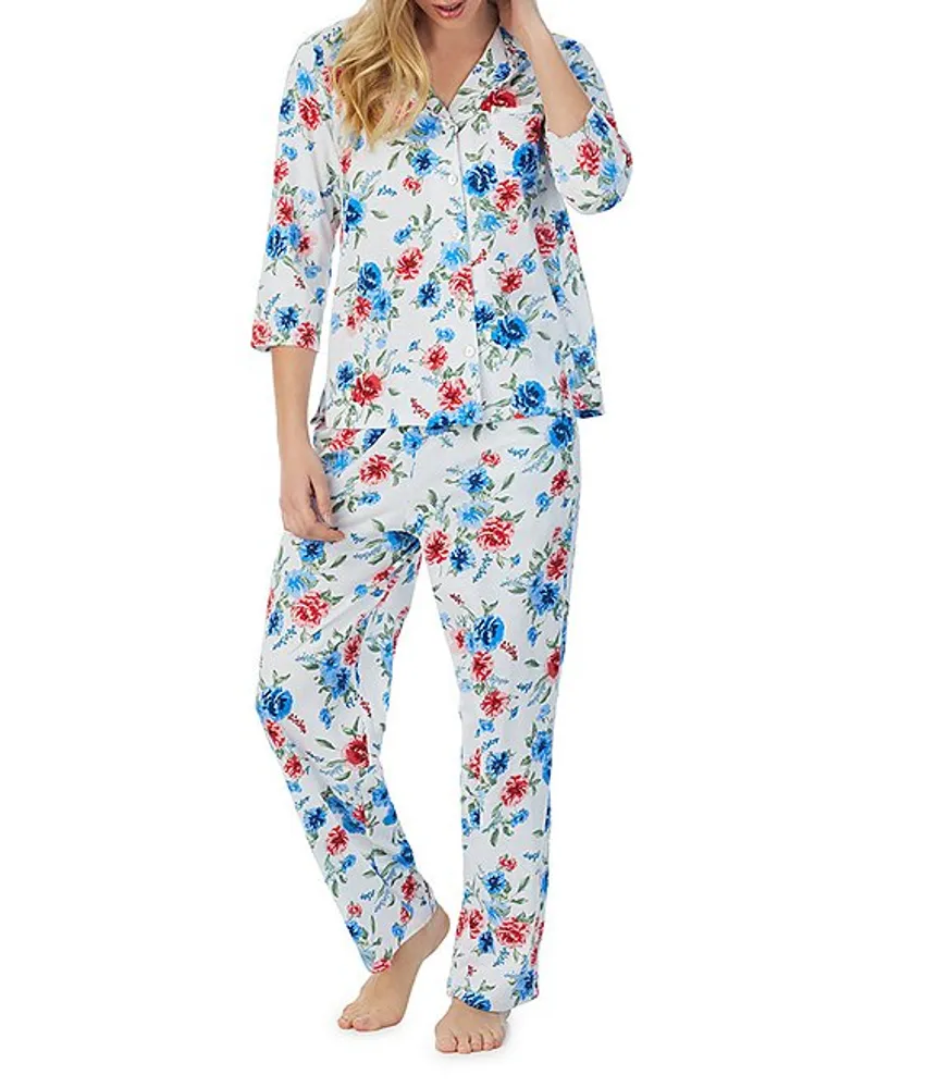 Carole Hochman Floral Print 3 4 Sleeve Notch Collar Jersey Knit