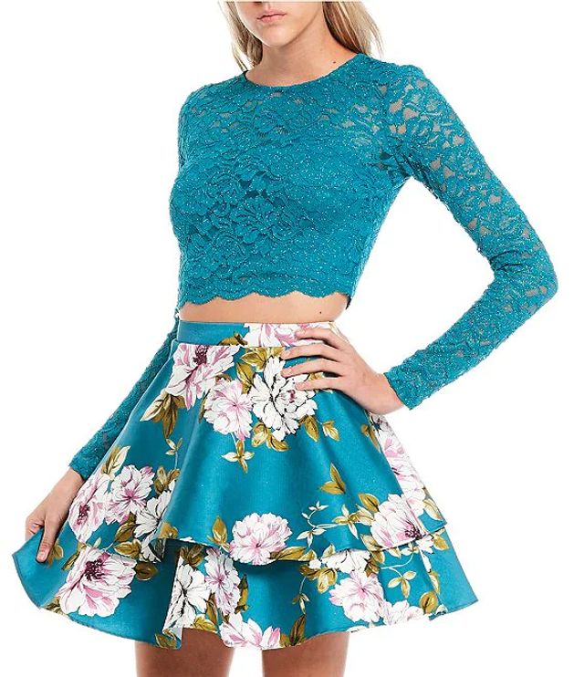 City Vibe Long-Sleeve Lace Top with Floral Print Double Hem Skirt 
