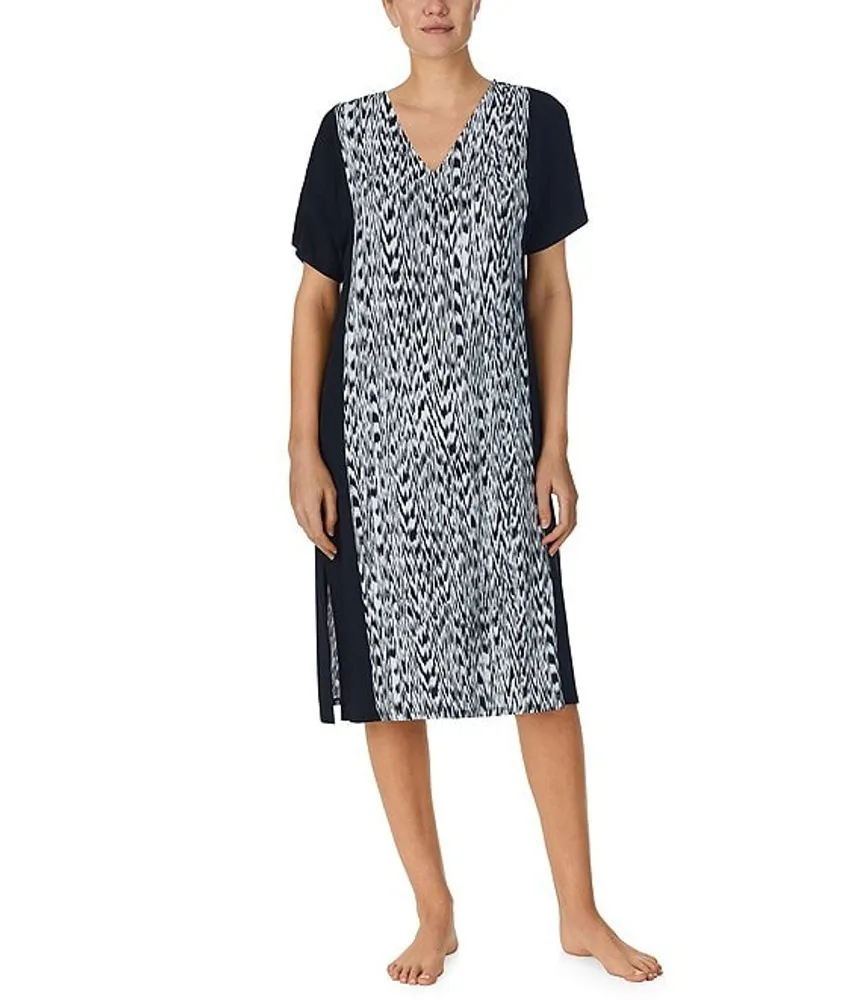 Donna Karan Knit Textured Ikat Print Short Sleeve V Neck