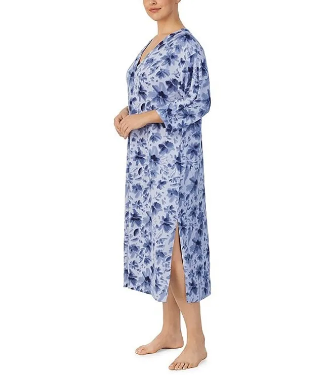 Donna Karan Plus Brushed Sweater Knit Floral Print 3 4 Sleeve V